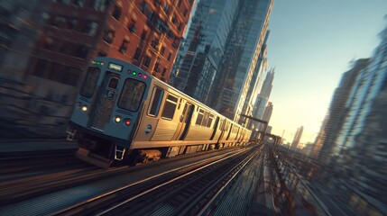 Urban train speeding through modern cityscape at sunrise on elevated tracks.
