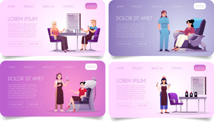 Beauty salon with manicurist, hairdresser, stylish studio service landing page vector design set, professional equipment