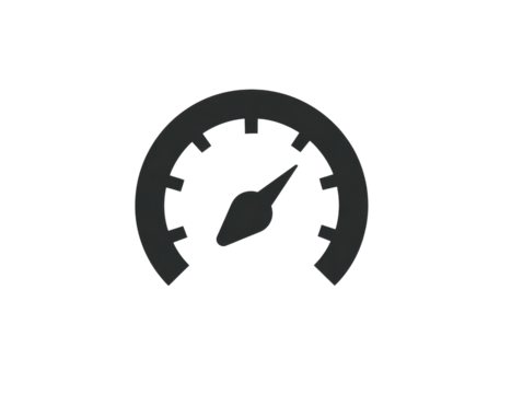 Dark gray speedometer icon, circular shape with a needle