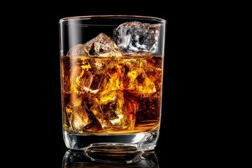 Glass of whiskey with ice against black background in studio lighting setup.