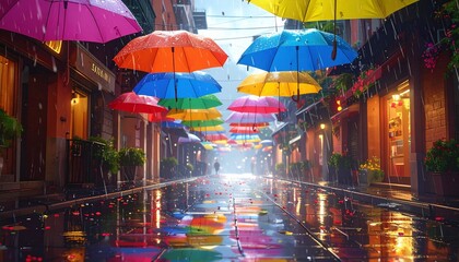 Obraz premium Vibrant umbrellas scattered in a rain-soaked street, crisp reflections, 