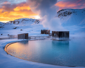 Geothermal hot springs in snowy landscape at sunrise
