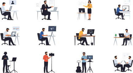 Business, Office, People, Working, Laptop, Presentation, Coding, Meeting, Data, Music, Video, Creative, Teamwork, Flat, Illustration