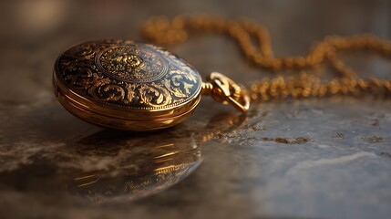 Ornate gold locket necklace reflecting on a textured surface