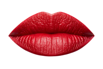 Close up of glossy red lips with detailed texture isolated on transparent background
