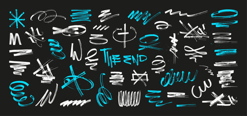 Gothic calligraphy scribble, handwriting with a flat pen. Doodles set of gothic lettering, lines, circles, signs, curves. Graffiti or street tags, symbols. Sketch calligraphy doodles elements. Vector