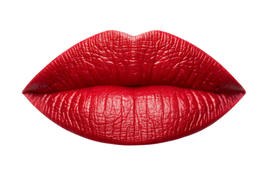 Close up of glossy red lips with detailed texture isolated on transparent background