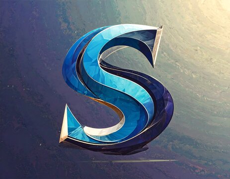 3D rendered letter "S" in blue and gold, geometric, stylized
