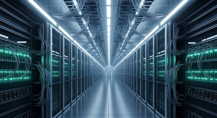 Futuristic data center server aisle with glowing racks and cable infrastructure.