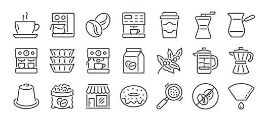 Coffee cup, bean, machine, donut and cafe editable stroke outline icons set isolated on white background flat vector illustration. Pixel perfect. 64 x 64.