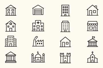 Minimalist Building & Architecture Line Icons – Editable Stroke  Residential, Commercial, Religious, Government & Industrial Structures for Urban Design, Real Estate & Educational Use


