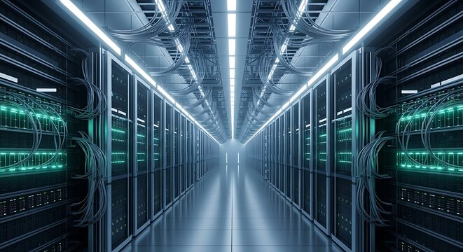 Futuristic data center server aisle with glowing racks and cable infrastructure.