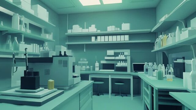 Modern laboratory showing advanced equipment and shelving units stocked with supplies