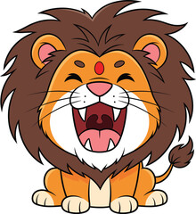 Laughing Cartoon Lion Sitting Down, Cute Jungle Animal Character, Orange Fur with Mane, Playful Expression, Vector Illustration for Kids Content