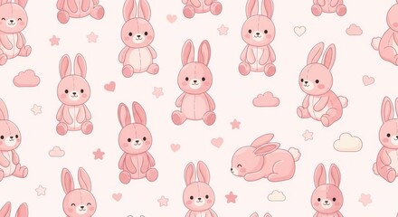 Seamless pattern with cute pink bunny dolls and decorations vector design