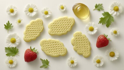 Delicate, honey-colored treats adorned with floral and fruit accents.