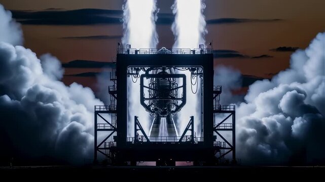 Atmospheric shot of a cryogenic engine and test stand silhouetted by the bright glow of hotfire exhaust against a smoky sky.