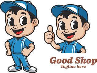 Cartoon boy in blue uniform with cap, one standing, one giving thumbs up vector illustration
