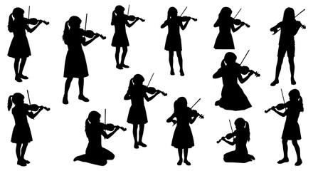 Vector art of silhouettes of young girls playing the violin in various poses and dresses