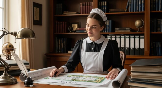 Young caucasian female hotel maid examines blueprint in elegant library office setting