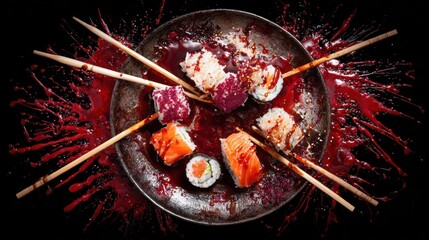 Artistic sushi display in dark sauce with chopsticks & red splatter background