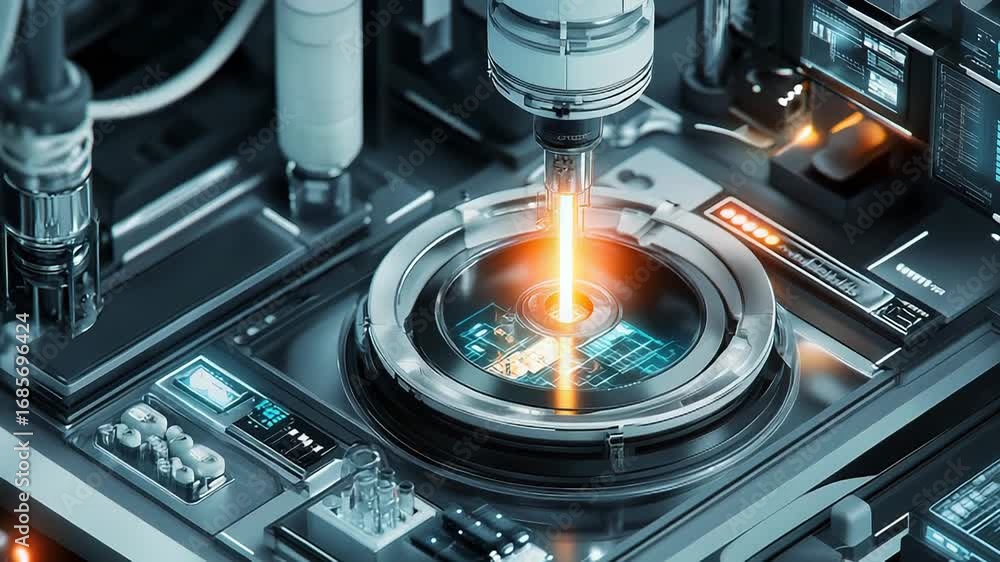 Poster futuristic industrial robotic arm constructing microchip in modern factory
