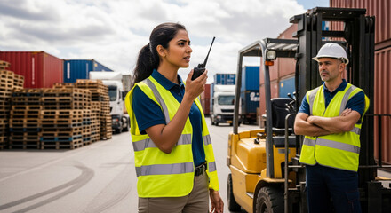Walkie-talkie in hand of female logistics specialist, conversation. Male worker standing near forklift on street in parking lot of freight logistics company
