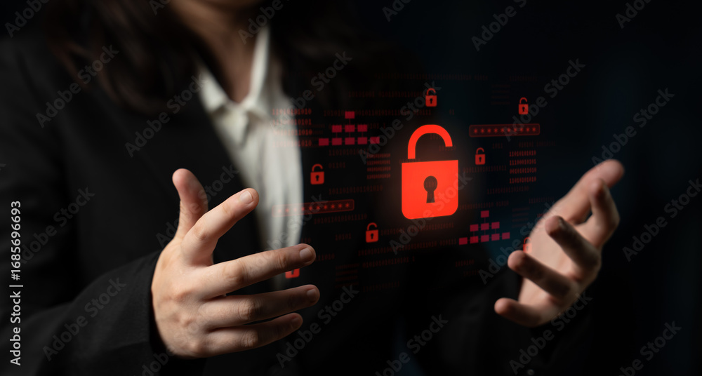 Aufkleber digital security concept illustrating a cybersecurity breach, with a red unlocked padlock indicating