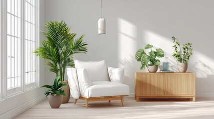 Bright room with white chair, wood cabinet, and plants basking in light through window