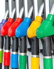 Close-up of colorful gas pump nozzles