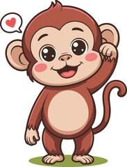 Cute cartoon monkey waving with a heart symbol in a speech bubble Keywords: monkey, cartoon, animal