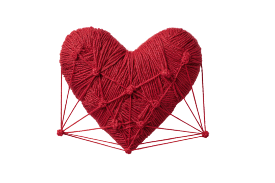 Red heart shape, intricately woven with thin threads, forming a network of connections