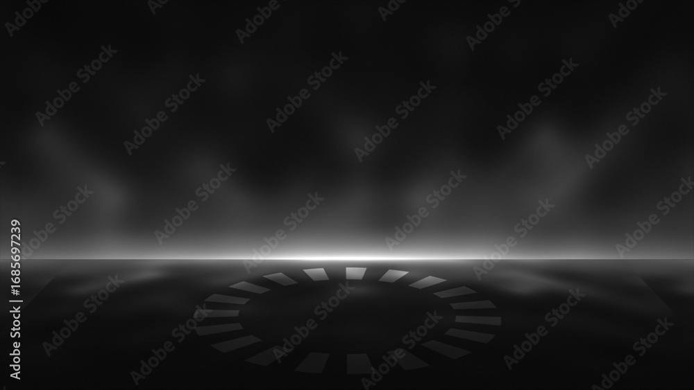 Poster white and black color glowing empty space or empty stage with rotating ring at the center