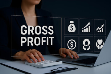 Gross Profit ,Professional on laptop analyzing gross profit holographically.