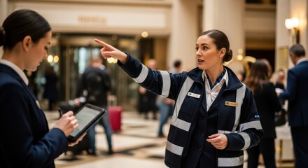Female security guards directing in busy hotel lobby