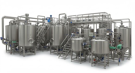 Gleaming stainless steel brewing system efficiently processes liquids under bright studio lighting. AI Generated