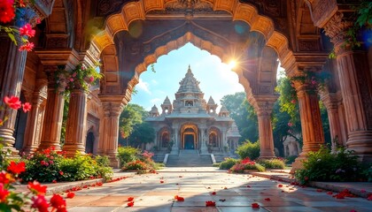 Obraz premium Grand Stone Temple Through Arches with Red Flowers and Sunlight