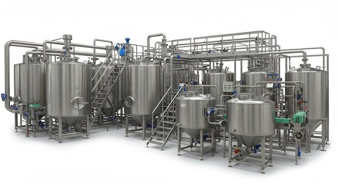 Gleaming stainless steel brewing system efficiently processes liquids under bright studio lighting. AI Generated - Powered by Adobe