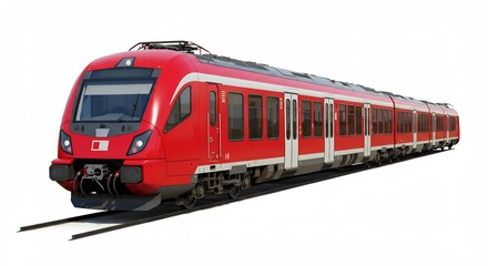 Fototapeta premium Sleek red passenger train speeds along tracks under bright studio lighting. AI Generated