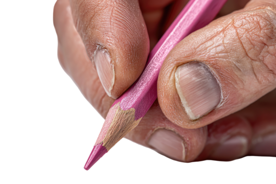 Close-up of weathered hands holding a vibrant pink colored pencil