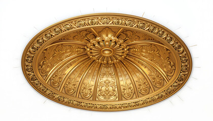 A golden ornate ceiling medallion with floral and geometric designs on a white background surface