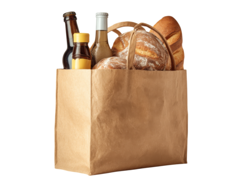 Brown paper bag groceries beer bread bottle food, Isolated On white, Png Transparent