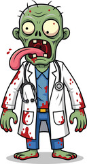 Cartoon zombie doctor character with bloodstained lab coat, stethoscope, green skin, horror parody medical theme for Halloween vector illustration