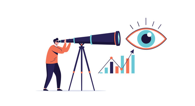 Man with telescope looking at growth chart and eye symbol illustrating vision and success