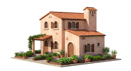Fototapeta premium Charming stucco house basks in warm sunlight lush garden. AI Generated