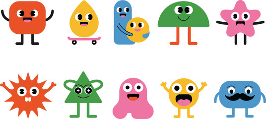 Obraz premium Ten colorful cartoon monsters with different shapes and expressions on white creature character