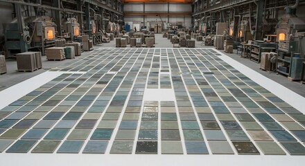 Vast factory floor displays subtly varied tiles under soft industrial lighting. AI Generated
