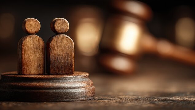 Two wooden figurines on a dark wooden podium, with a gavel out of focus in the background
