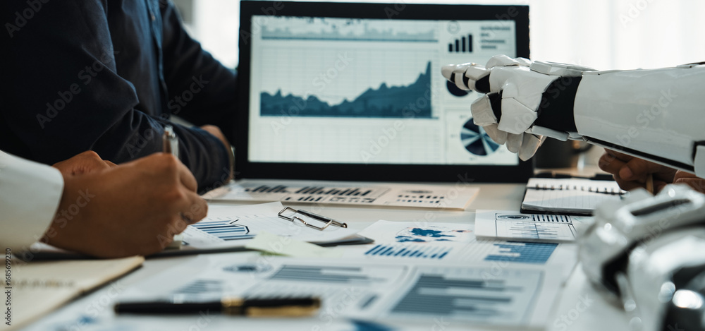 Poster a dynamic scene depicting human and robot teamwork in a business setting. featuring analytical chart