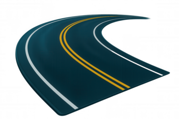Curved highway drawing with double yellow lines, transparent backdrop highlighting transportation design elements